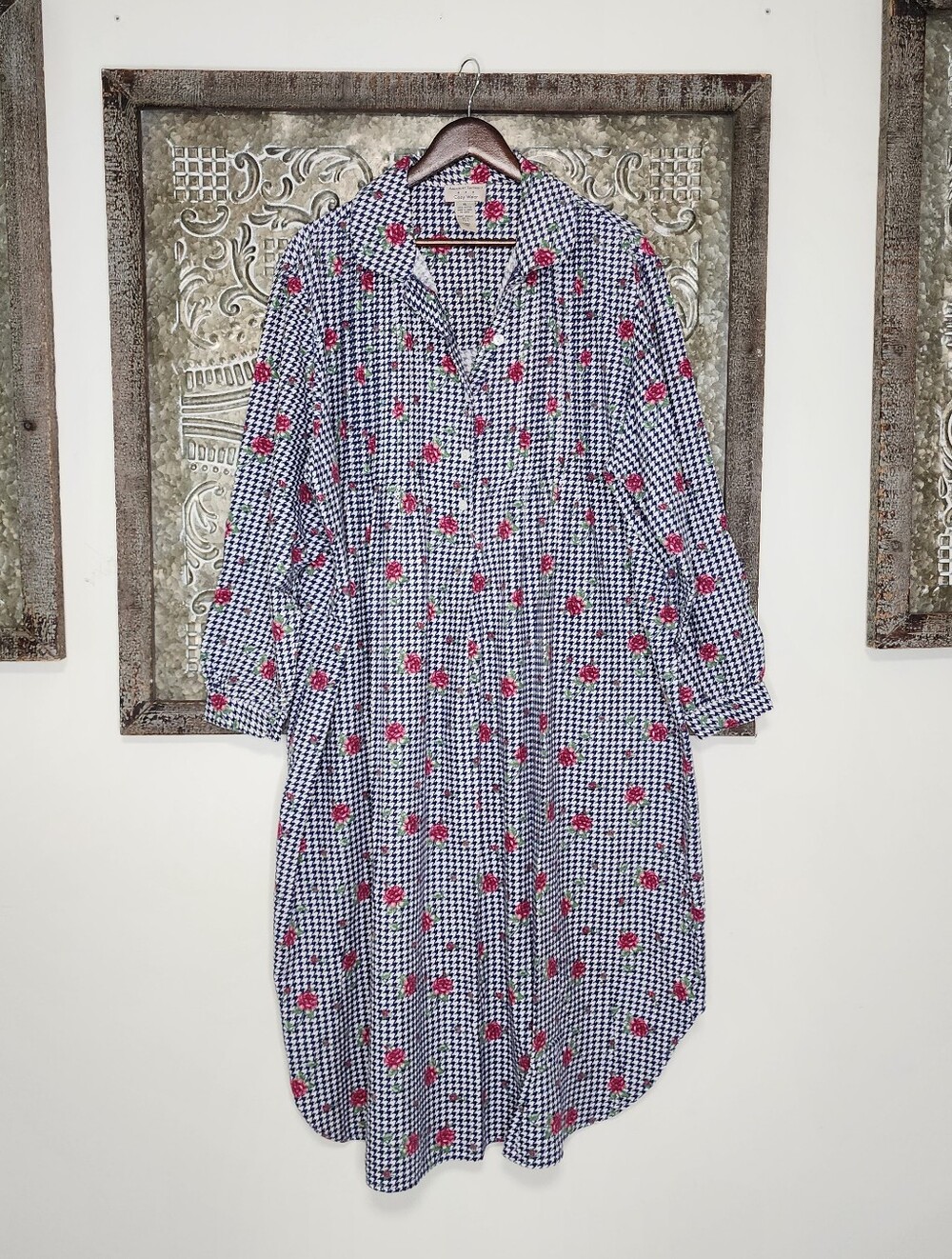 Vtg Amanda Stewart Cozy Wear Black & White Gingham Floral Cotton Sleep Muumuu XL